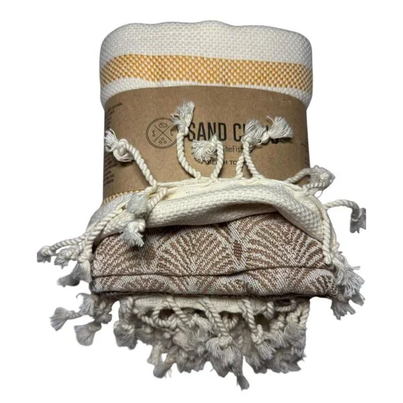 SAND CLOUD Yellow STRIPE BEACH TOWEL TURKISH Scallops ORGANIC COTTON 37"x67" - Picture 3 of 9